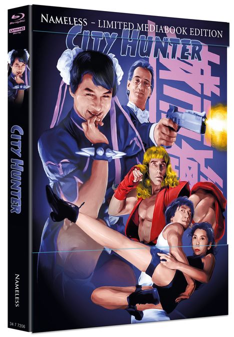 "Nameless - Limited Mediabook Edition. City Hunter." Illustration mehrerer Figuren in dynamischen Posen, eine hält eine Waffe.
