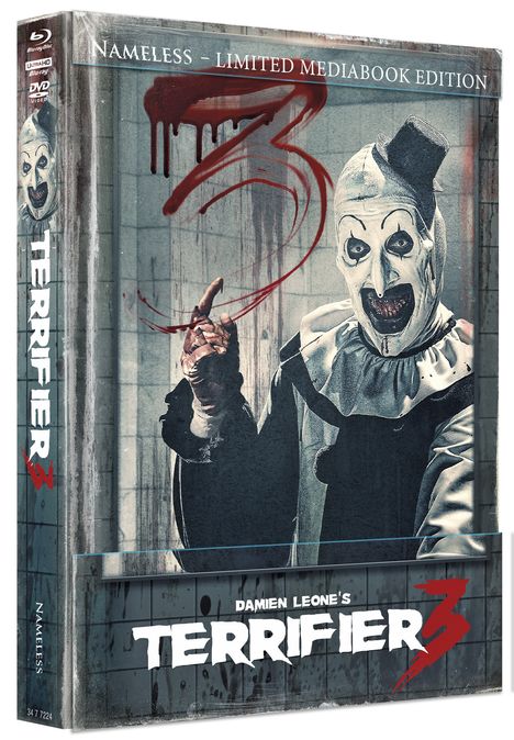 Terrifier 3 (Ultra HD Blu-ray &amp; Blu-ray im wattierten Mediabook), 1 Ultra HD Blu-ray, 1 Blu-ray Disc und 1 DVD