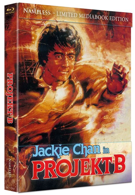 Jackie Chan in PROJEKT B. Nameless - Limited Mediabook Edition. Illustration eines Mannes in Aktion im Hintergrund.