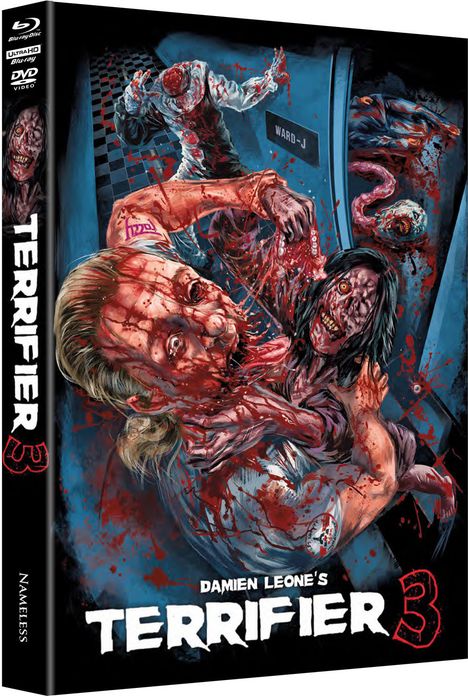 "Damien Leone's TERRIFIER 3" in weißen Buchstaben. Illustration: Blutige und gewalttätige Szene mit monströsen Figuren.