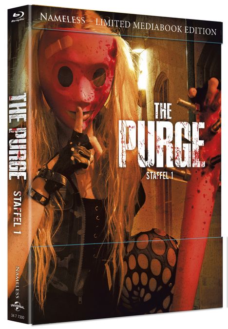 Limited Mediabook Edition "The Purge: Staffel 1". Person mit roter Maske und erhobenem Zeigefinger.