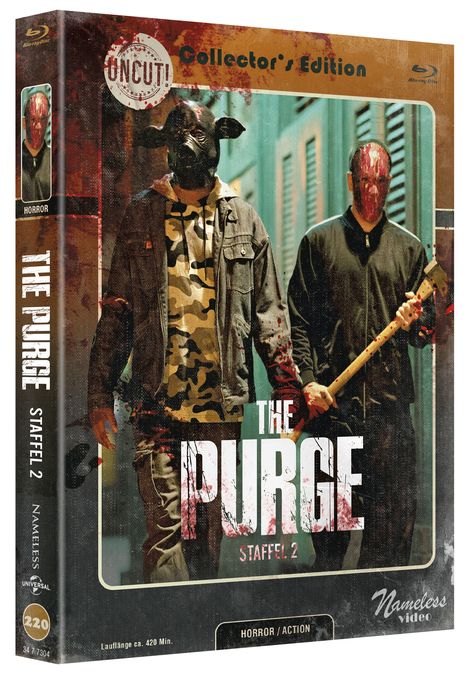 Aufschrift: "THE PURGE STAFFEL 2", "Collector's Edition", "UNCUT!", "Horror/Action". Zwei maskierte Figuren, düstere Atmosphäre.