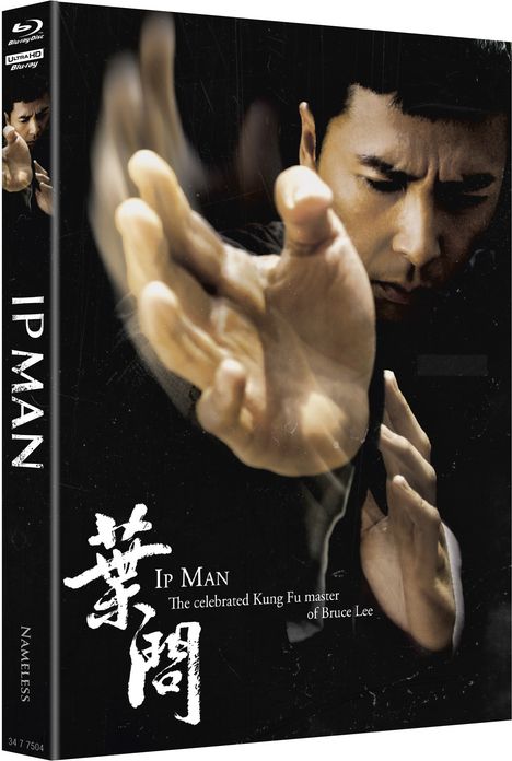 Text: "IP MAN, The celebrated Kung Fu master of Bruce Lee." Ein Mann in Kampfpose mit konzentriertem Ausdruck.