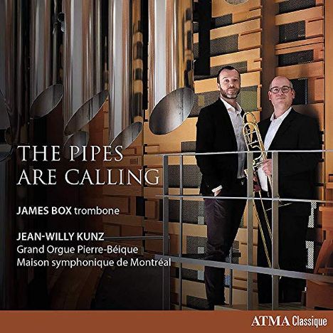 "The Pipes Are Calling" mit James Box (Posaune) und Jean-Willy Kunz. Zwei Männer mit Posaune vor Orgelpfeifen.