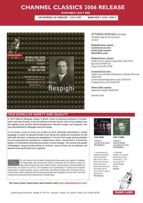 Ottorino Respighi (1879-1936): Sämtliche Lieder Vol.3, CD