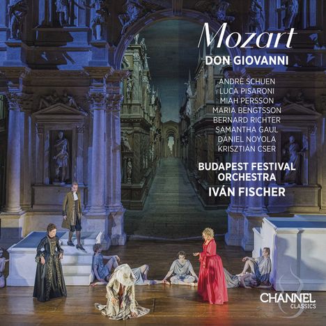 Texte: Mozart, Don Giovanni, Namen von Sängern, Budapest Festival Orchestra, Iván Fischer. Bühne mit bunter Rokoko-Szene.