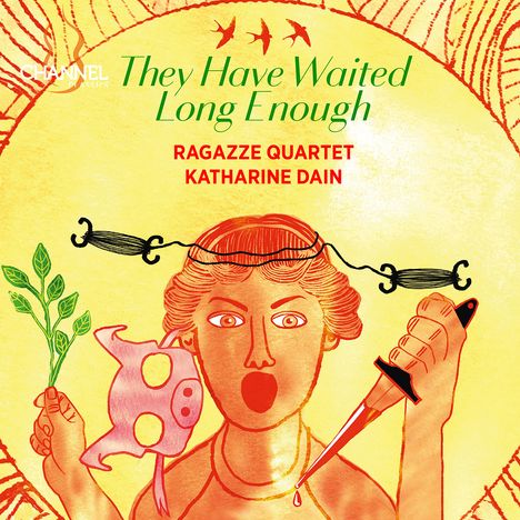 "They Have Waited Long Enough", "RAGAZZE QUARTET", "KATHARINE DAIN". Illustration einer Frau mit Messer und Pflanze.