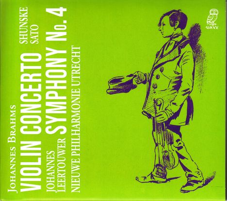 "Violin Concerto No. 4", "Symphony", "Johannes Brahms", "Shunske Sato", "Johannes Leertouwer", "Nieuwe Philharmonie Utrecht". Eine violette Illustration eines Mannes mit Geige auf grünem Hintergrund.
