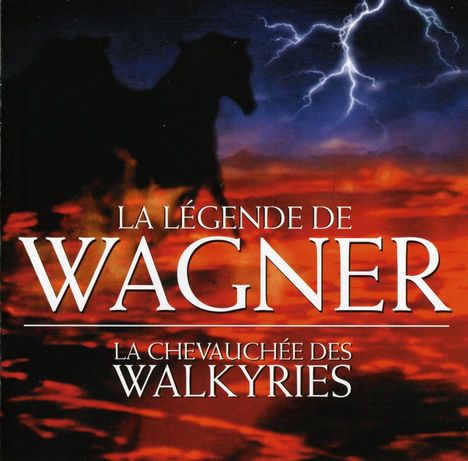 "La Légende de Wagner: La Chevauchée des Walkyries" in weißer Schrift vor einem rot-orangen Himmel mit Silhouette eines Pferdes.