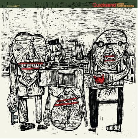 "Quicksand Manic Compression" oben rechts. Illustration mit verzerrten, skurrilen Figuren in schwarzem und rotem Stil.