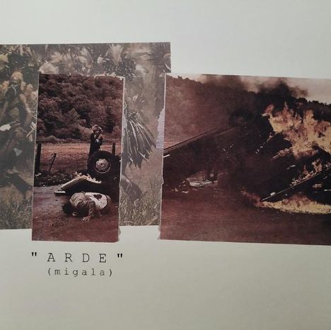 "ARDE" (migala). Zwei Fotos: Ein umgestürztes, brennendes Auto und eine Person am Boden vor bewaldetem Hintergrund.