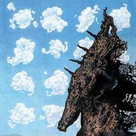 Keine Texte. Illustration: Ein verworrenes, dunkles Wesen vor hellem Himmel mit weißen Wolken.