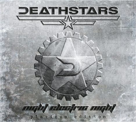 "DEATHSTARS" oben, "night electric night" unten. Metallisches Zahnrad und Stern in der Mitte, industrieller Stil.