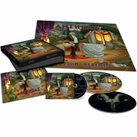 Das Bild zeigt das Albumcover „Anthrax Cursum Perficio“ mit einer Illustration: Mann in Anzug, Frau, Waldfriedhof, Skulpturen.