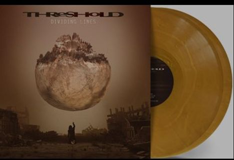 „THRESHOLD DIVIDING LINES“ steht oben. Eine schwebende Erde über zerstörter Stadt und ein gelber Vinyl-Schallplatte.