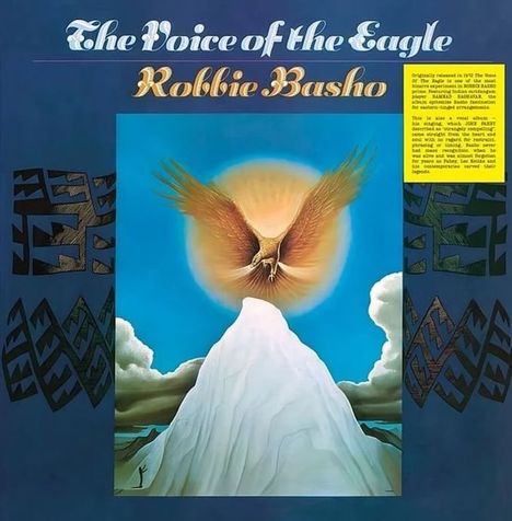 "The Voice of the Eagle", "Robbie Basho". Illustration eines fliegenden Adlers über einem Berg mit wolkigem Himmel.