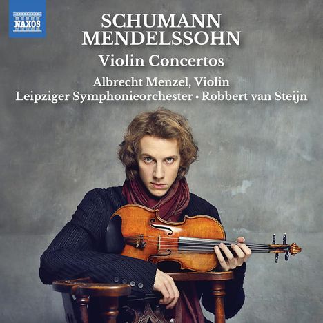 „SCHUMANN MENDELSSOHN Violin Concertos; Albrecht Menzel, Violin; Leipziger Symphonieorchester; Robbert van Steijn.“  
Ein Mann mit Violine und rotem Schal.