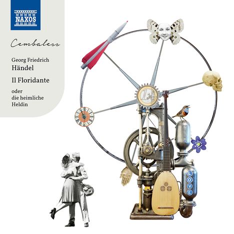Texte: "Cembaless", "Georg Friedrich Händel", "Il Floridante", "oder die heimliche Heldin". Collage mit Rad, Instrument, Rakete.
