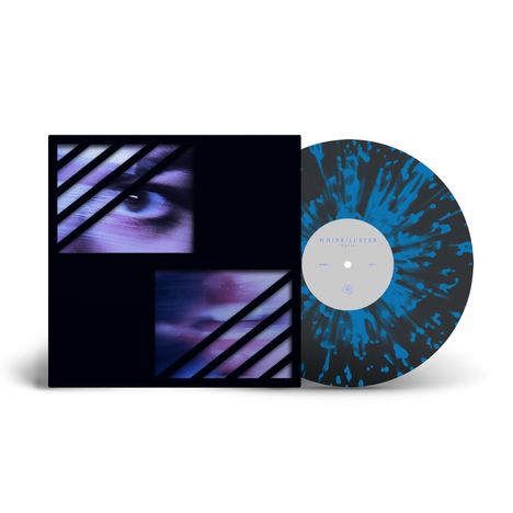 „WHIRR/LUSTER“, „Splitt“. Blau-schwarzes Vinyl mit abstrakter, lila Bildgestaltung und zwei Gesichtern unter diagonalen Linien.