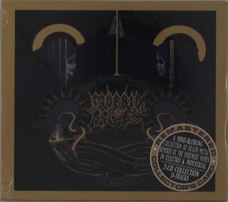Text: "Remastered. A mind-blowing collection of death metal remixes... 2-CD collection, 31-tracks."
Illustration: Schädel mit Kapuze, goldene Akzente.