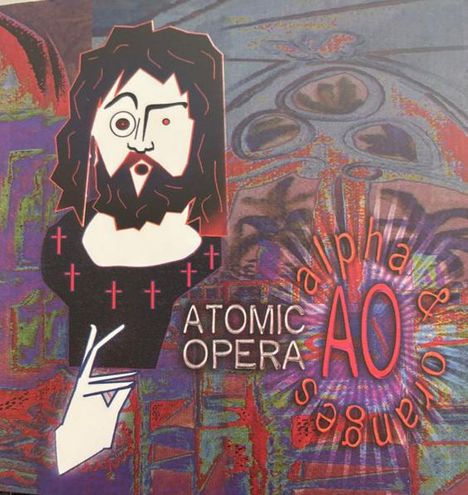 „ATOMIC OPERA“, „AO“, „alpha & omega“. Illustration: abstraktes Gesicht mit Bart und Kreuzen, bunte, verschwommene Muster.
