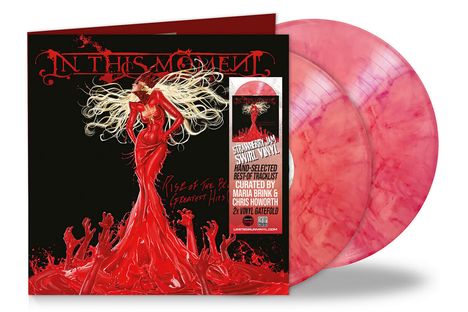 "Rise of the Blood Legion: Greatest Hits" mit Frau in fließendem Rot und Händen. Zwei rosa Schallplatten.
