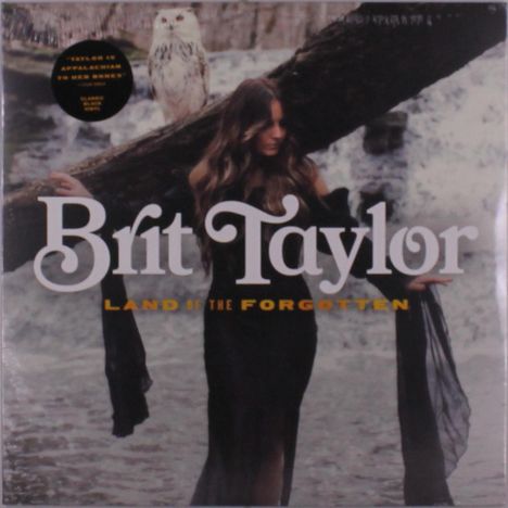 „Brit Taylor: Land of the Forgotten.“ Frau im schwarzen Kleid vor Wasserfall, mit einer Eule auf einem Baumstamm.