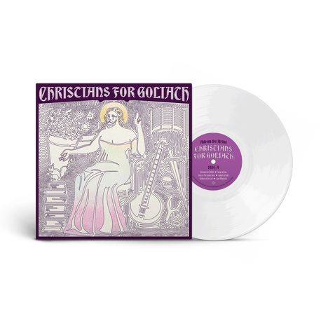 "CHRISTIANS FOR GOLIATH" in kunstvollem, mittelalterlich inspiriertem Stil. Nebenan eine weiße Vinylplatte.