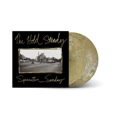 „The Hold Steady“, „Separation Sunday“. Schallplattenhülle mit schwarz-weißem Stadtbild und zwei goldenen Platten.