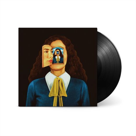 Gemälde einer Person im blauen Anzug mit gelber Fliege. Gesicht zeigt ein Fenster zu einem ähnlichen Abbild.