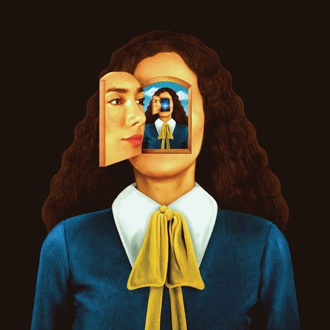 Eine surreale Illustration: Gesicht mit geöffnetem Fenster, darin kleineres Bild der Person. Frau in blauer Kleidung mit gelber Schleife.