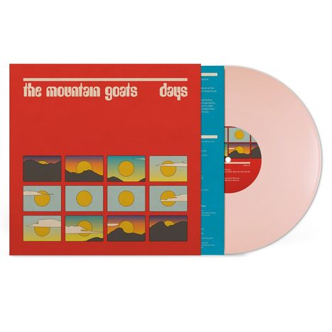 Rote Hülle mit "the mountain goats days" in weiß, darunter zwölf stilisierte Sonnenuntergänge; Schallplatte in Rosa.