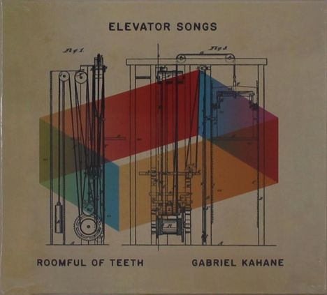 "Elevator Songs" steht oben, "Roomful of Teeth" links unten, "Gabriel Kahane" rechts unten. Technische Zeichnung mit bunten Formen.