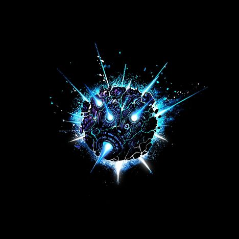 Eine leuchtende, mechanische Illustration einer kugelförmigen Struktur mit blauen Laserstrahlen in einem schwarzen Hintergrund.