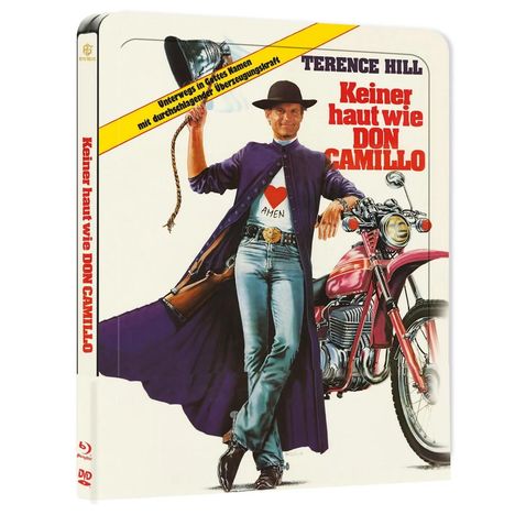 "Keiner haut wie DON CAMILLO" und "Unterwegs in Gottes Namen mit durchschlagender Überzeugungskraft". Illustration: Mann, Motorrad.