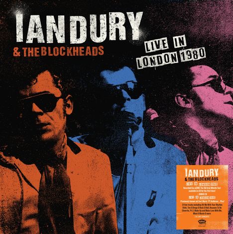 "Ian Dury & The Blockheads" und "Live in London 1980" stehen groß auf einer bunten Illustration mit Männern in Sonnenbrillen.