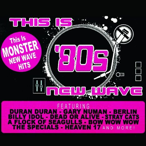 Text: This is Monster New Wave Hits. This is '80s New Wave. Featuring Duran Duran, Gary Numan, Berlin, Billy Idol und mehr! 

Beschreibung: Ein auffälliges, farbenfrohes Design mit kräftigen Buchstaben und geometrischen Formen.