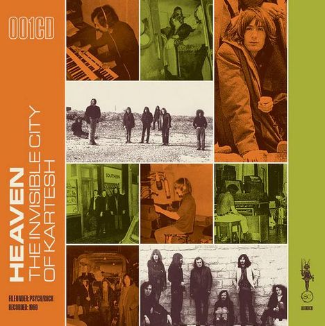 Links vertikaler Text: "HEAVEN THE INVISIBLE CITY OF KARTEZH". 
Neun Retro-Fotografien von Musikern.
