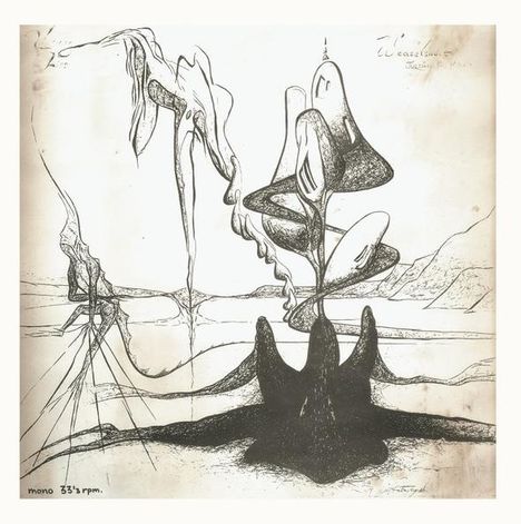 Text: "mono 33 1/3 r.p.m."  
Illustration surrealistischer Formen und Figuren mit fließenden Linien.