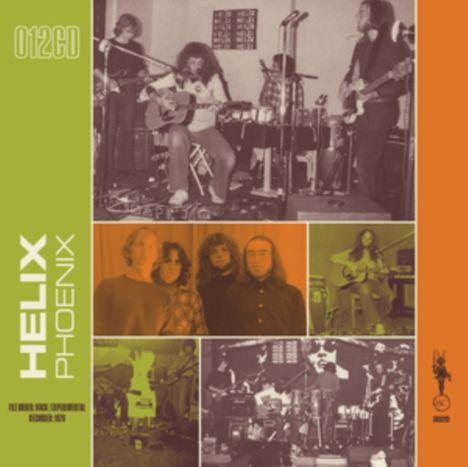 "HELIX PHOENIX 012CD" steht links. Mehrere Bilder von Musikern in verschiedenen Posen beim Musizieren. Vintage-Stil.