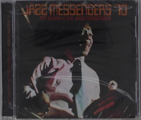 "JAZZ MESSENGERS '70" in großen Buchstaben, darunter "ART BLAKEY & THE JAZZ MESSENGERS". Ein Musiker in Lichtstrahl.
