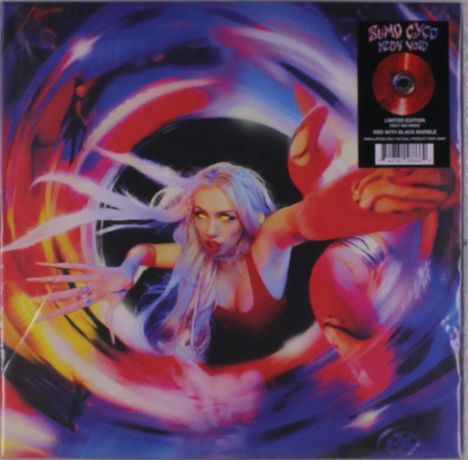 Text: "Limited Edition Red with Black Marble." Illustration: Frau mit langen Haaren in dynamischer Pose, umgeben von bunten Wirbeln.