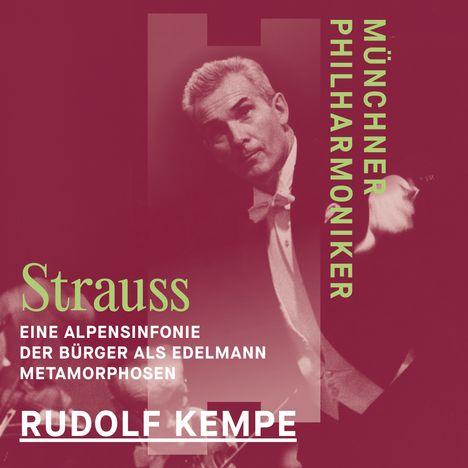 Texte: Strauss, Münchner Philharmoniker, Rudolf Kempe. Darstellung eines Mannes in Frack, dirigierend.