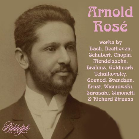"Arnold Rosé" und eine Liste von Komponisten wie Bach, Beethoven, Schubert. Vintage-Porträt eines Mannes mit Bart
