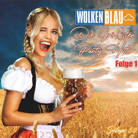„WOLKEN BLAU“, „Die größten Party Hits“, „Folge 1“. Frau in Dirndl hält Bierkrug, steht im Weizenfeld, lächelt.