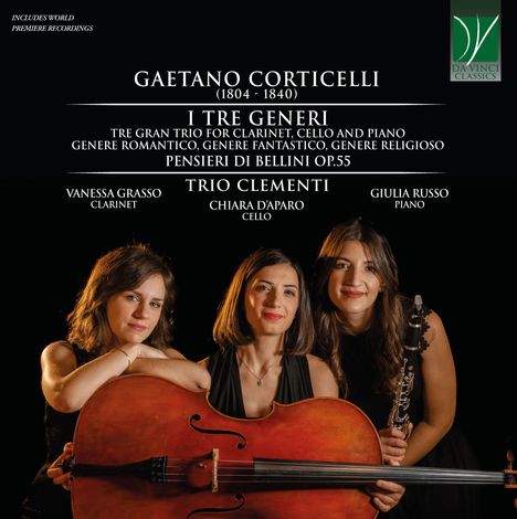 Text: Gaetano Corticelli, I Tre Generi, Trio Clementi, Vanessa Grasso, Chiara D’aparo, Giulia Russo. Drei Frauen mit Instrumenten.