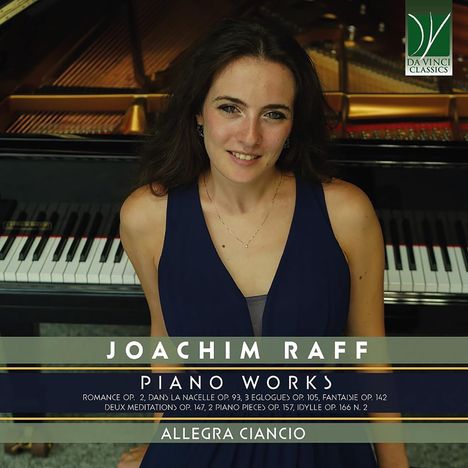 "JOACHIM RAFF | PIANO WORKS | ALLEGRA CIANICIO" steht über einer Frau vor einem Flügel. Links oben ist ein grünes Logo.