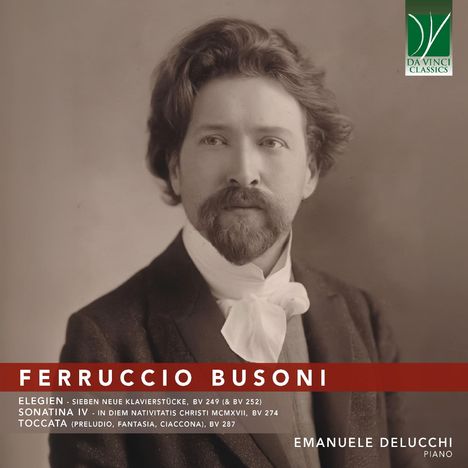 Ferruccio Busoni, Musikstücke in Rot, Foto eines Mannes mit Bart in schwarzem Anzug. Grünes Logo oben rechts.