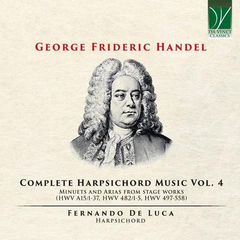 "George Frideric Handel" und weitere Details, gefolgt von einer Zeichnung eines Mannes mit lockiger Perücke, rechts oben Logo.