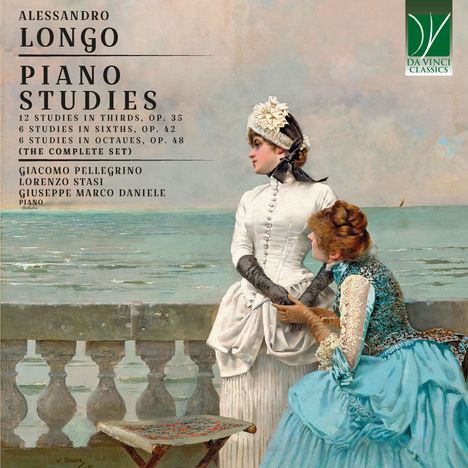 Texte: "Alessandro Longo", "Piano Studies", "12 Studies in Thirds, Op. 35", "6 Studies in Sixths, Op. 42", "6 Studies in Octaves, Op. 48 (The Complete Set)", "Giacomo Pellegrino", "Lorenzo Stasi", "Giuseppe Marco Daniele", "piano". 

Illustration: Zwei Frauen in eleganter Kleidung blicken auf das Meer, eine steht, eine sitzt. Oben rechts ein Logo.